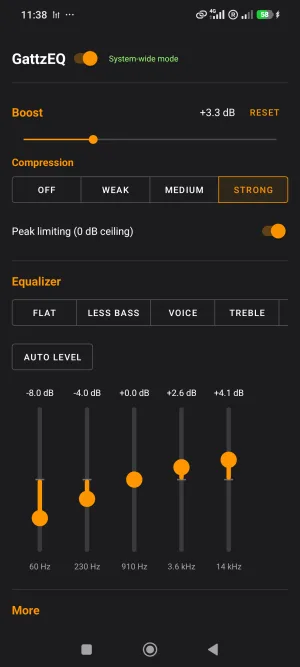 GattzEQ main screen: boost, compression and a five-band equalizer.