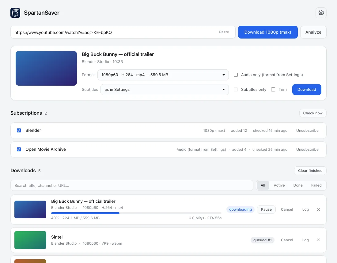 SpartanSaver window: a link being analysed with format and subtitle choices, two subscriptions and a download queue with progress.